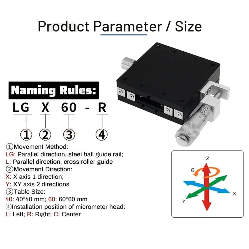 Фото Ось X 40/60 мм Мини-ручная платформа оптического перемещения Микрометр Линейные направляющие Высокоточный регулируемый скользящий столик LGX40 №2