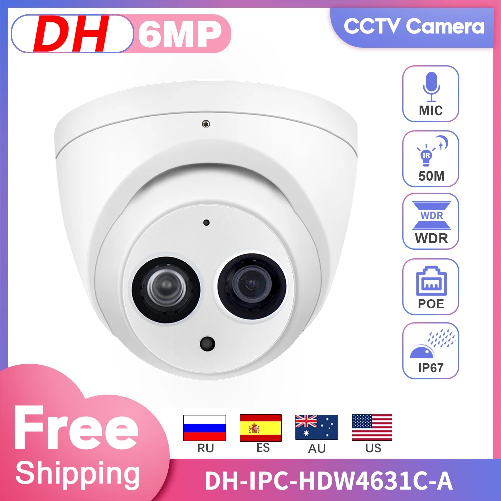 

DH IPC-HDW4631C-A 6MP HD IP Mini Camera POE Network Dome Built-in MIC CCTV Camera Video IR 50M Night Vision IK10 2.8mm Lens