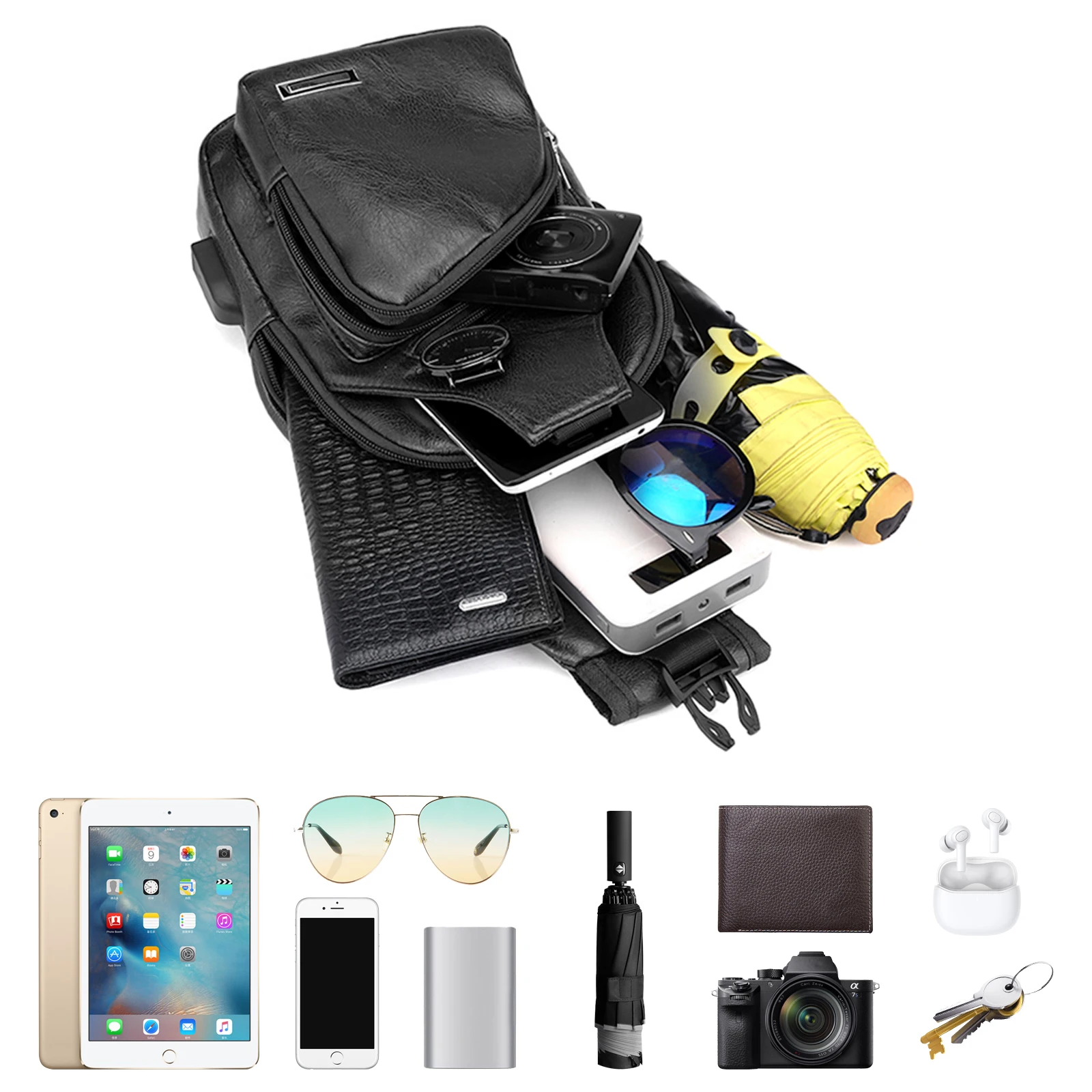 Men'S Leather Sling Bag,  Chest Shoulder Backpack, Water Waterproof Crossbody Bag with Usb Charging Port for Travel, Hiking, Cyc