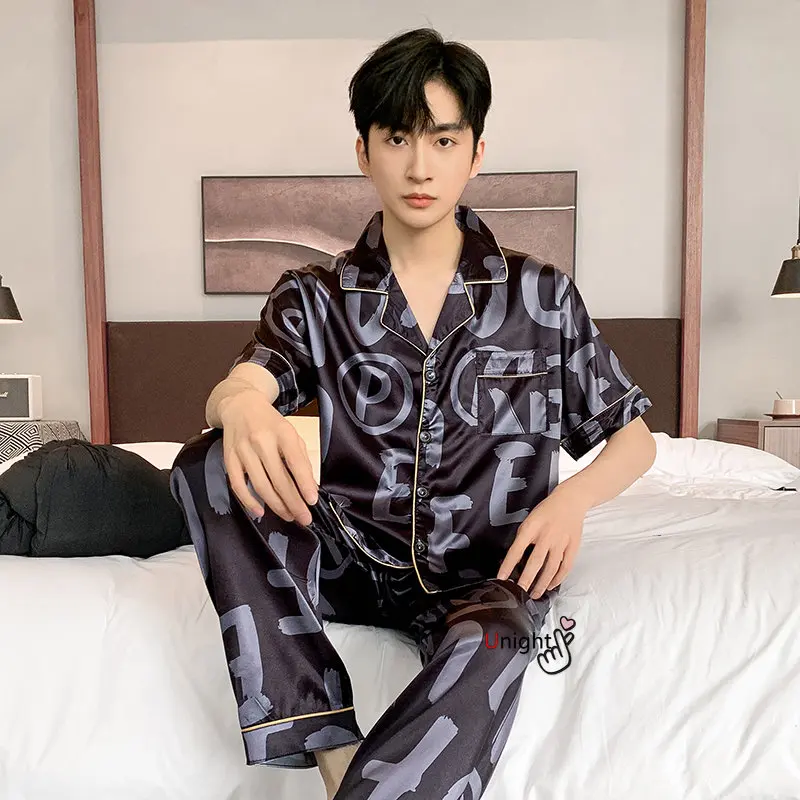 Spring Summer Man Pajama Sets Silk Sleepwear Pajamas for Men Plus Size Home Clothing Pyjamas Suit Home Wear Loungewear Homesuits
