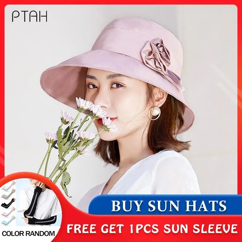 

[PTAH] Spring Hats Women Summer Sun Protection Cap Women's Organza Church Kentucky Derby Fascinator Bridal Sun Hats Female Beach