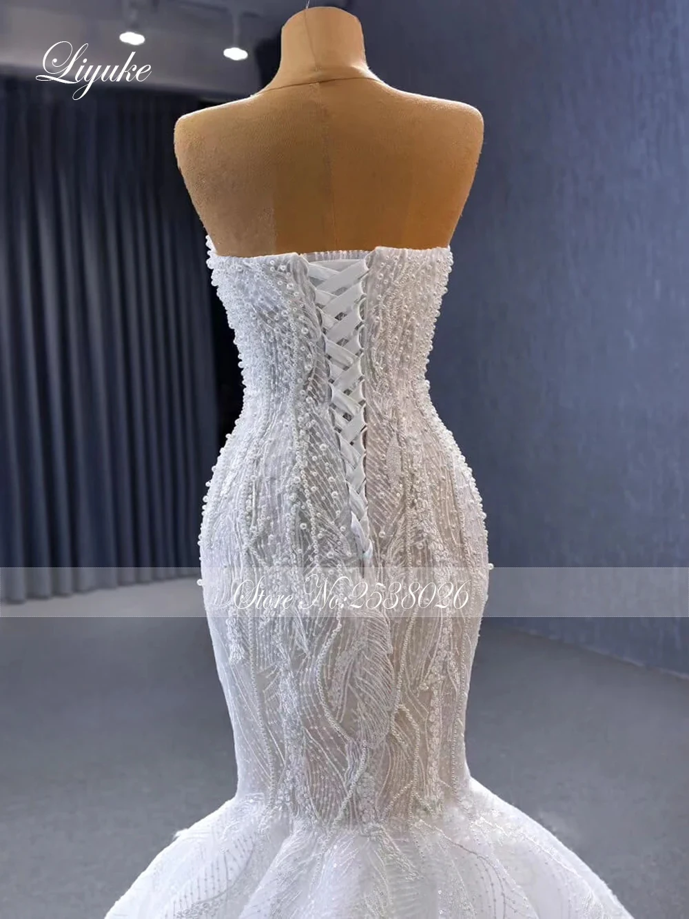 Liyuke Sheer Beading Pearls Sweetheart Mermaid Wedding Dress Uniquisite Lace Off Shoulder Sleeveless Trumpet Gowns