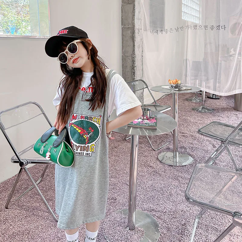 

Girls' set summer 2022 new middle and large children's summer clothes fashion children's loose strap skirt two-piece set 7-29