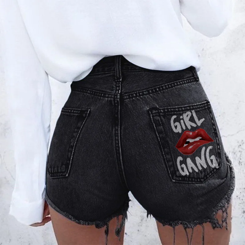Women's 2023 Summer New Spicy Girls Street Fashion INS American KISS Letter Personalized Print Perforated Tassel Denim Shorts