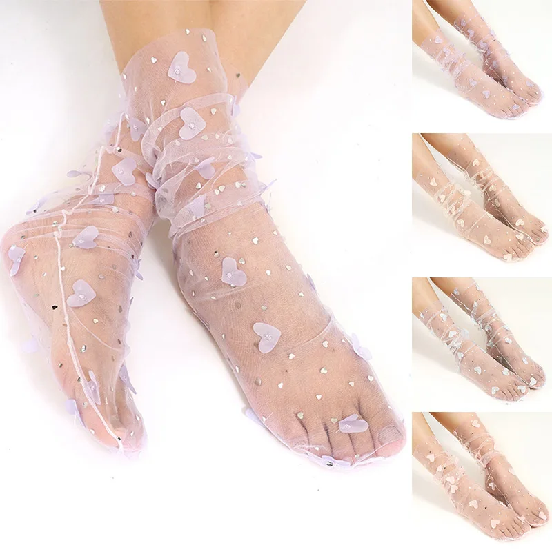 

Японские милые носки с ворсом, модные сетчатые носки с принтом сердца, прозрачные стеклянные шелковые носки до середины икры, стиль Лолита