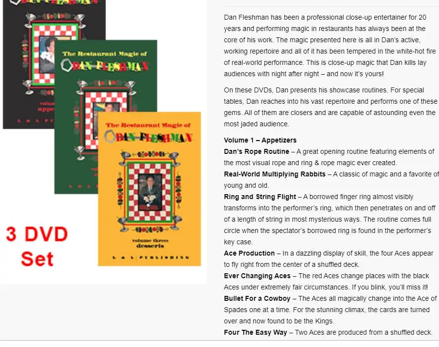 

The Restaurant Magic of Dan Fleshman - Vol. 1,2,3 DVD - Magic Instructions Magic trick