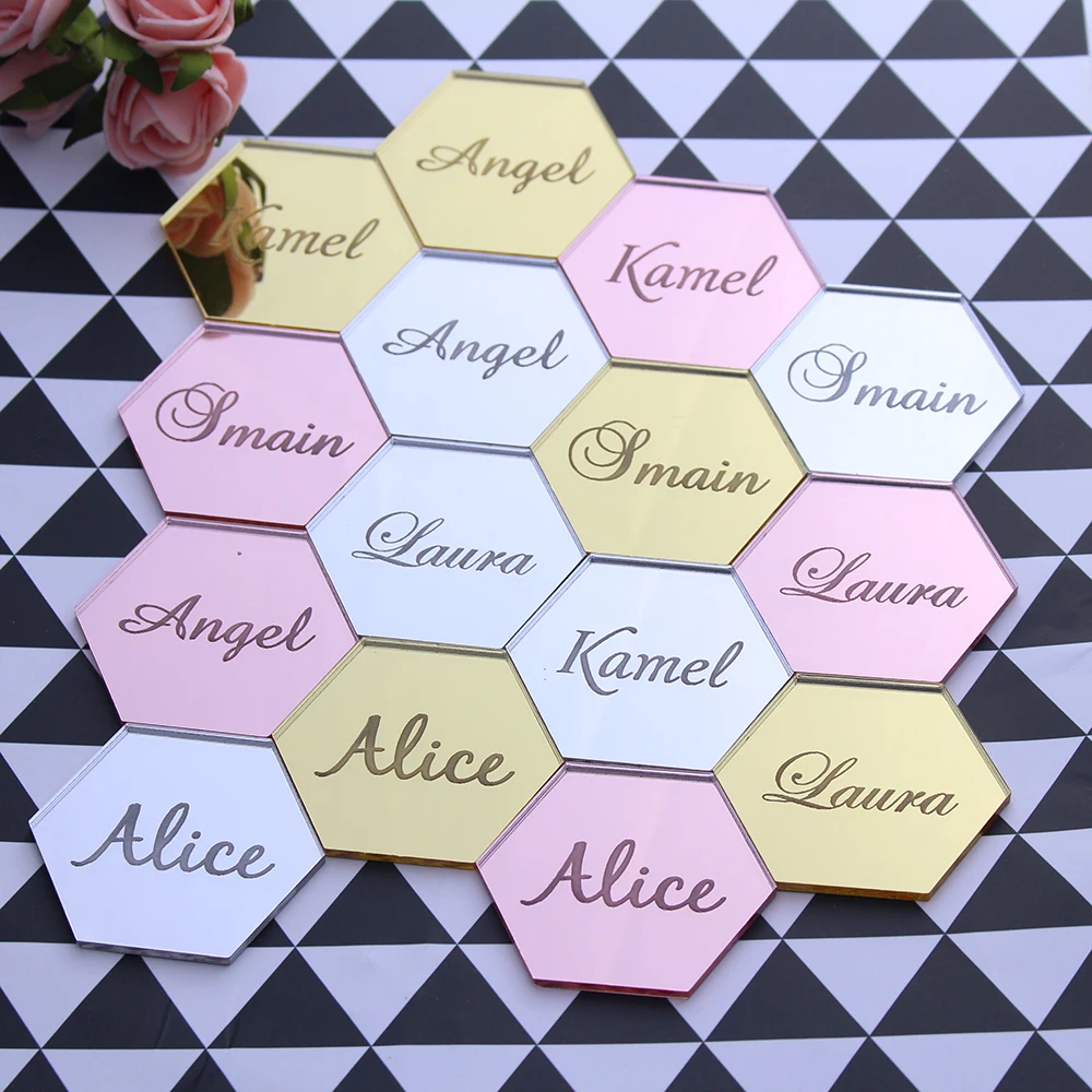 

12pcs Personalized Baby Shower Baptism Hexagon Blank Place Cards Engraved Wedding Decoration Favors For Table Numbers Guest Name