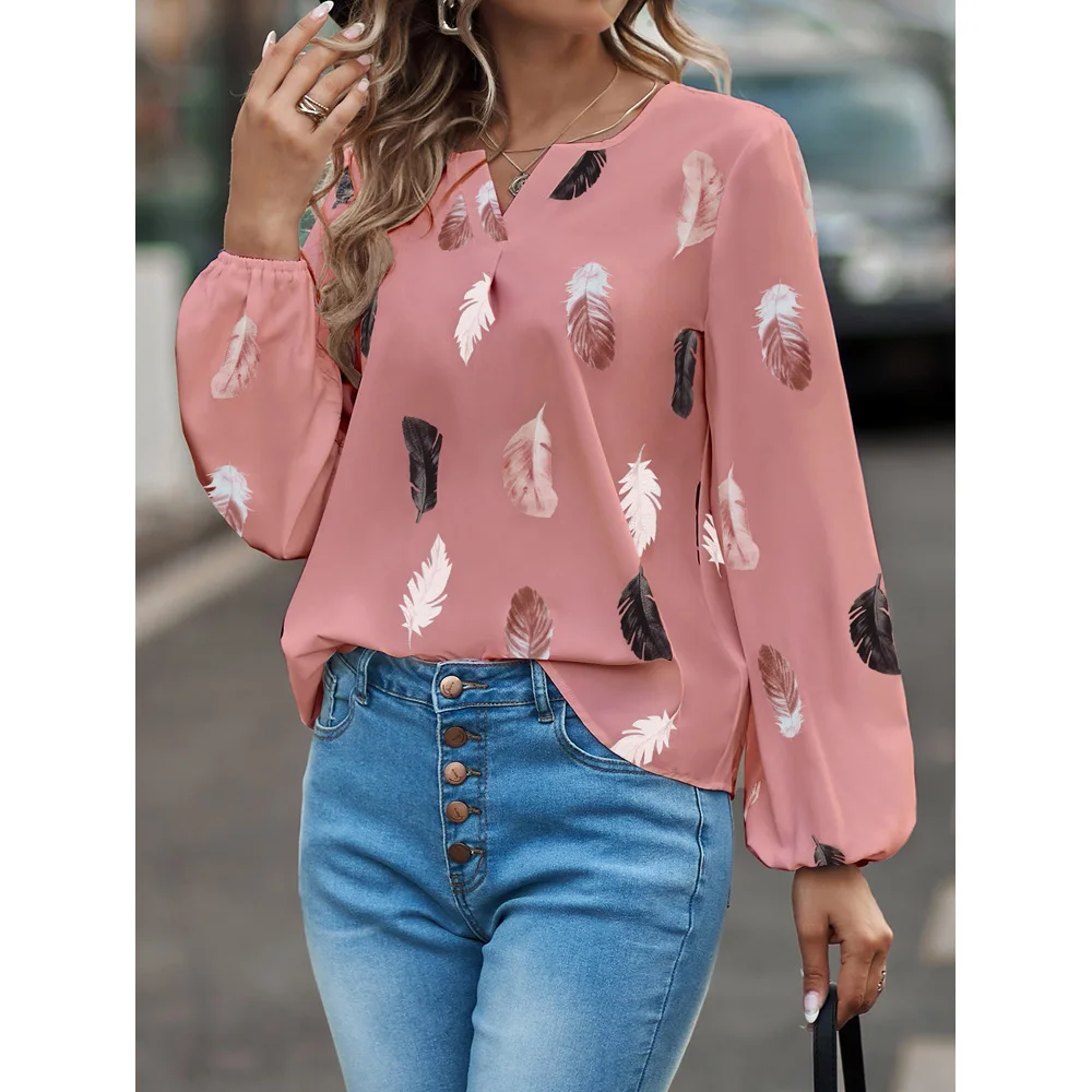 2022 Autumn and Winter New Women's Clothing V-neck Feather Print Long-sleeved Loose T-shirt Women's Tops