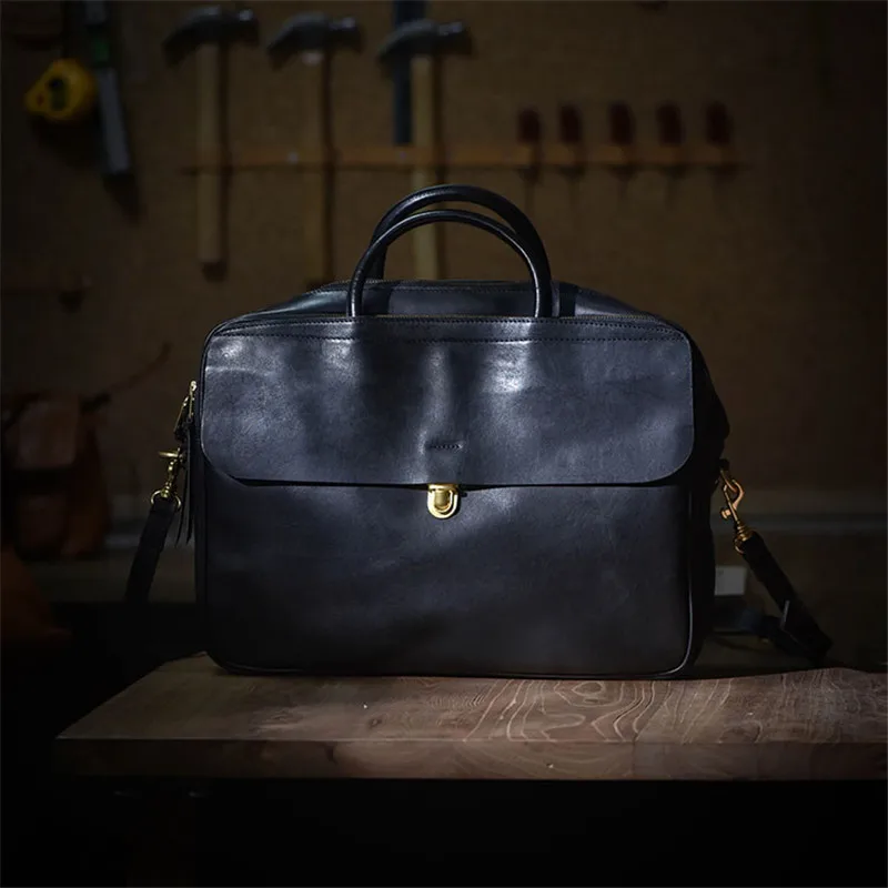 Vintage genuine leather men women's briefcase business casual luxury natural real cowhide handbag designer luxury messenger bag