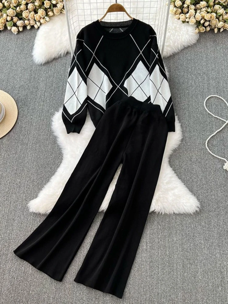 

2 Piece Women Set Long Sleeve Knitted Korea O-Collar Top Pants Suits 2023 Spring Autumn Matching Sets Sportswear Sports Outfits
