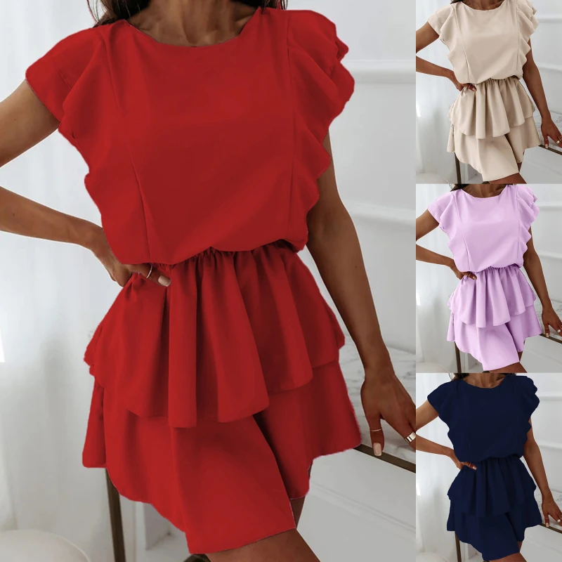

2022 Summer Elegant O-Neck Ruffle Party Dress Women Casual Sleeveless Mini Dresses Office Lady Fashion Solid Color Dress Vestido