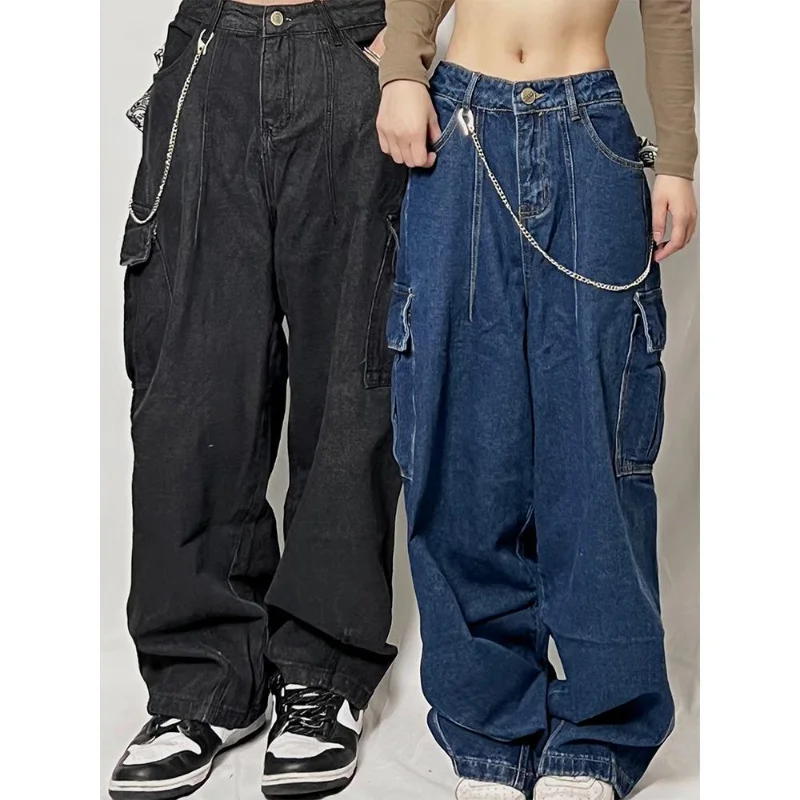 

Брюки-карго с большими карманами, потертые, в американском стиле ретро, парные джинсы с высокой талией, простые повседневные свободные брюк...