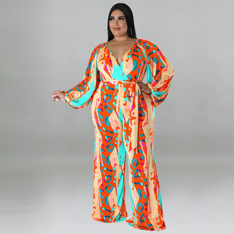 Plus Size Women Jumpsuit Fall New Casual Print Sexy Off Shoulder Long Sleeve Ladies Clothing 2022 Fashion Loose Pants