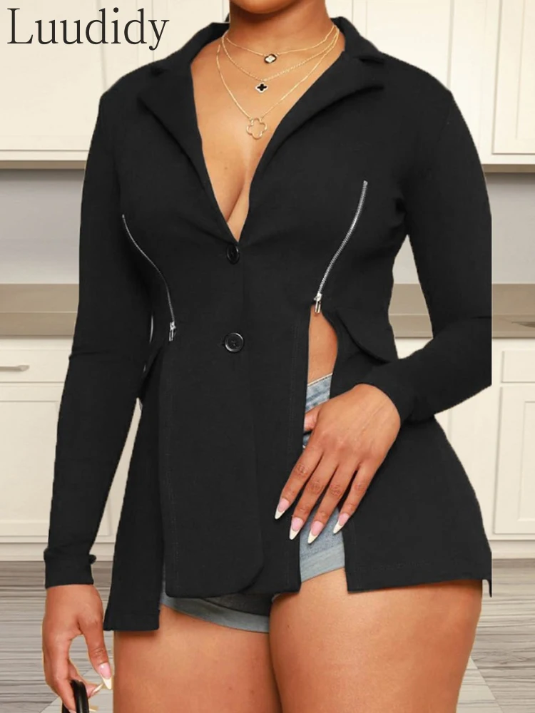 

Women Long Sleeve Zip Detail Slit Blazer Coat