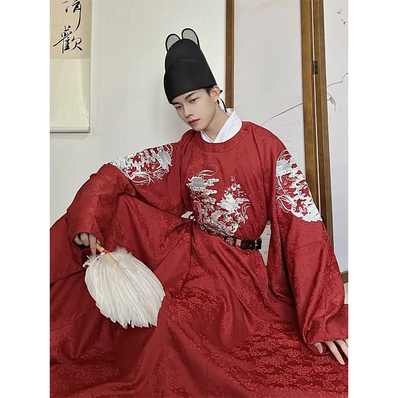 2 Colors Men's Round Collar Robe Chinese Ming Dynasty Embroidered Hanfu Suit Retro Traditional Fashion Vestment Elegent Costume