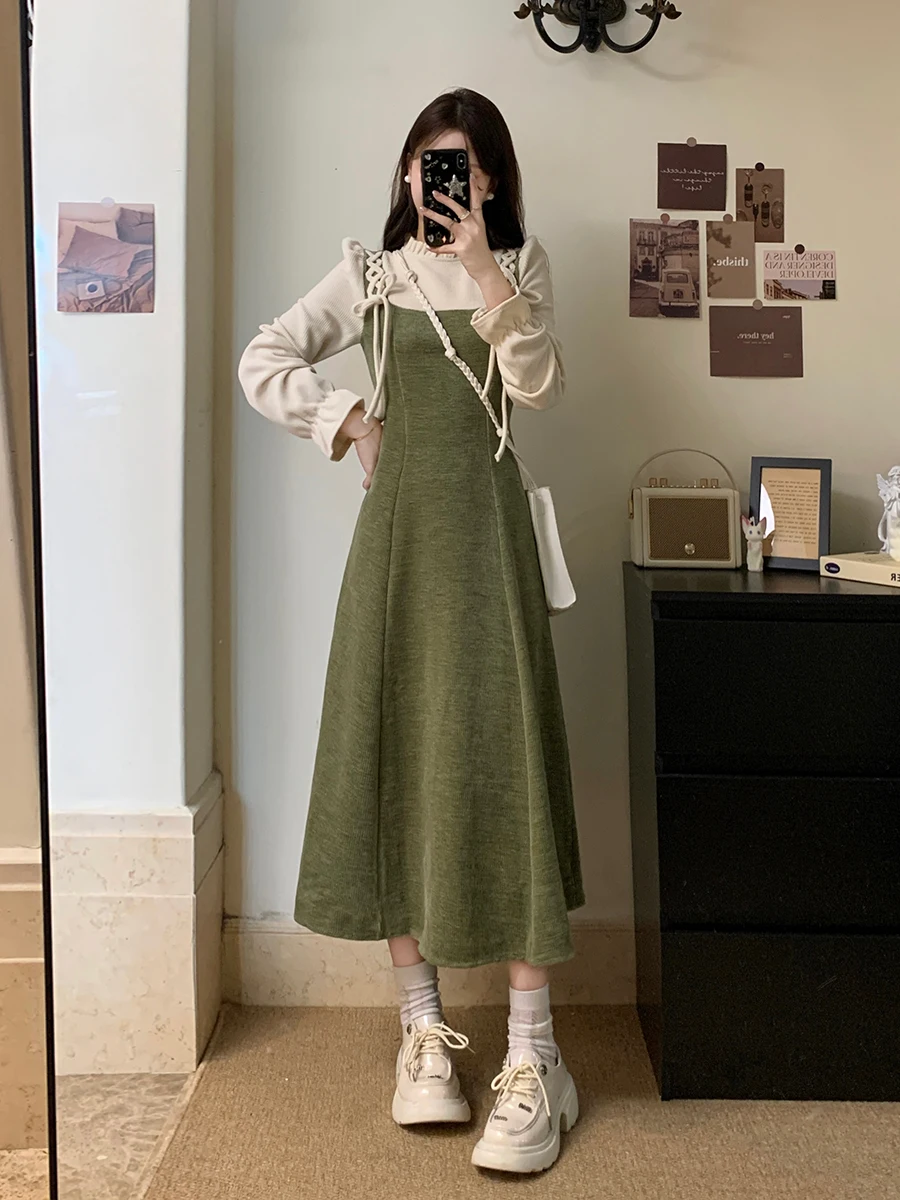 Плюс размер Chubby Girl French sle Retro Fake Two Pieces Базовое платье с длинными рукавами зимнее