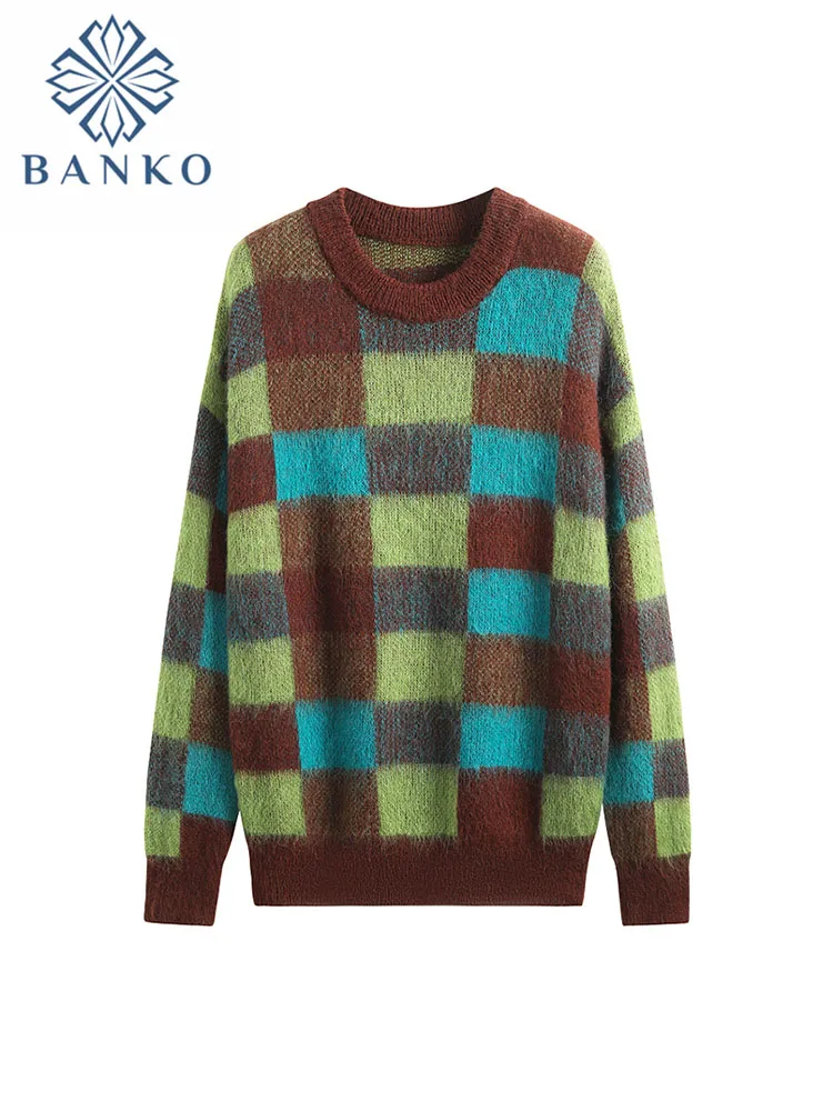 

Женский трикотажный пуловер в клетку, с круглым вырезом