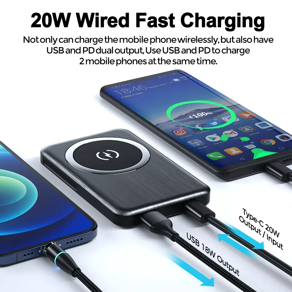 

Power Bank 15W Wireless Fast Charge 10000mAh Large Capacity Portable Charger for iPhone and Wireless Charger