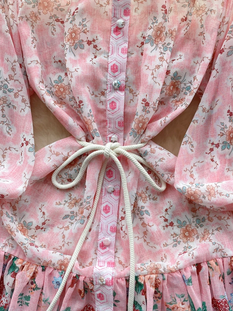 Женское винтажное длинное платье элегантное шифоновое на пуговицах с