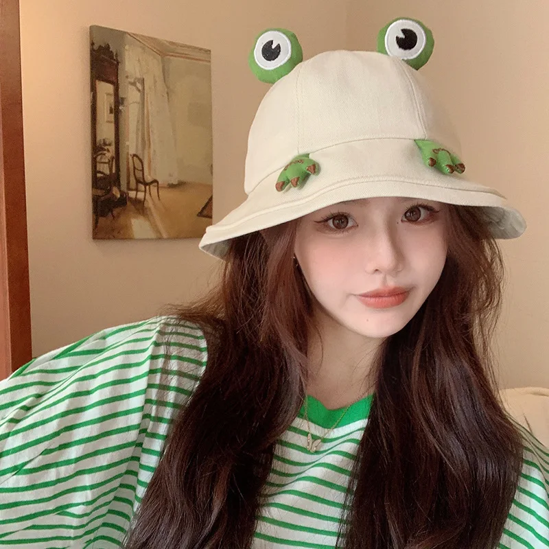 

Cute Frog Hat Female Spring Summer Korean Bucket-Hats Women Fisherman Hats Student Cartoon Sunshine Panama Lady Outdoor Travel