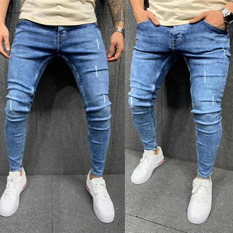 

Новые мужские спортивные брюки, сексуальные джинсы с дырками, повседневные осенние мужские рваные узкие Стрейчевые брюки, облегающие байкерские синие брюки-карандаш