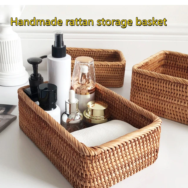 Hand-woven Rattan Wicker Basket Fruit Tea Snack Bread Basket Cosmetic Rectangular Storage Box Household Kitchen Supplies 1