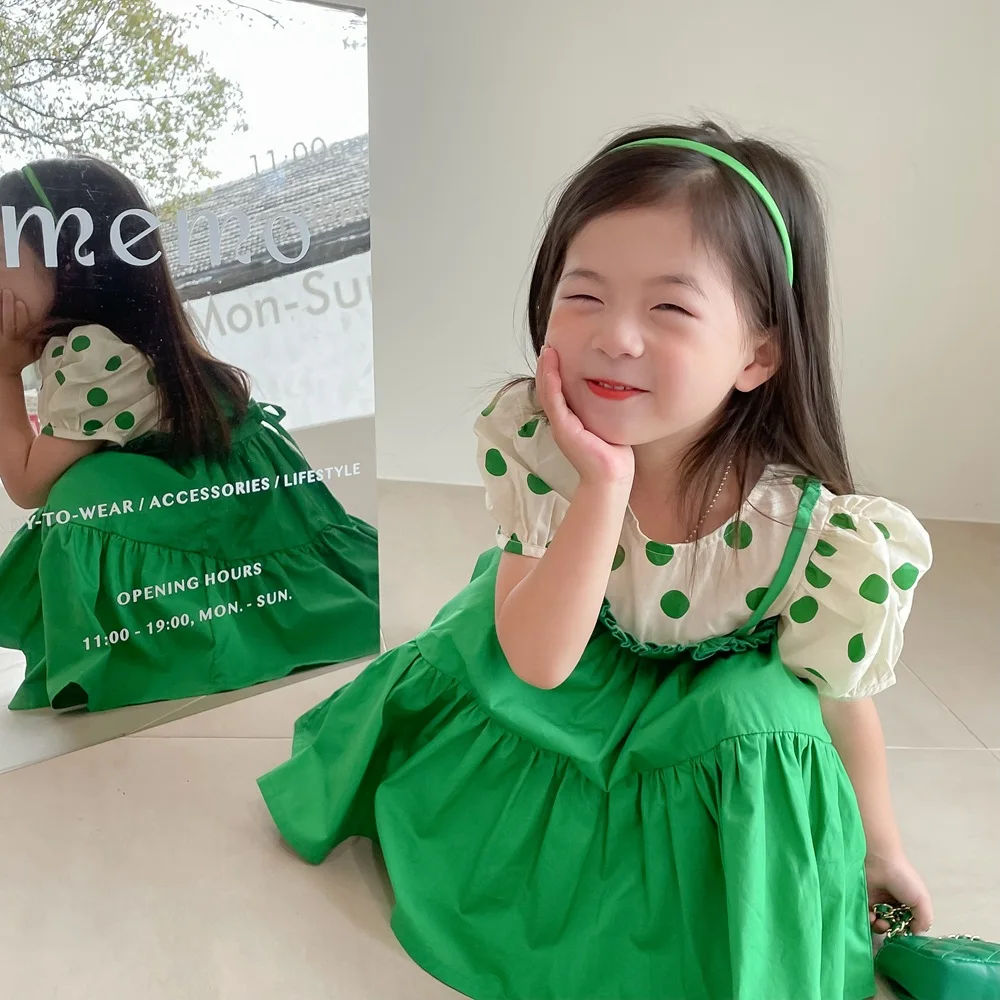

Новинка 2022, детская одежда, летнее платье в горошек, юбка из двух частей с пышными рукавами, Корейская версия в западном стиле