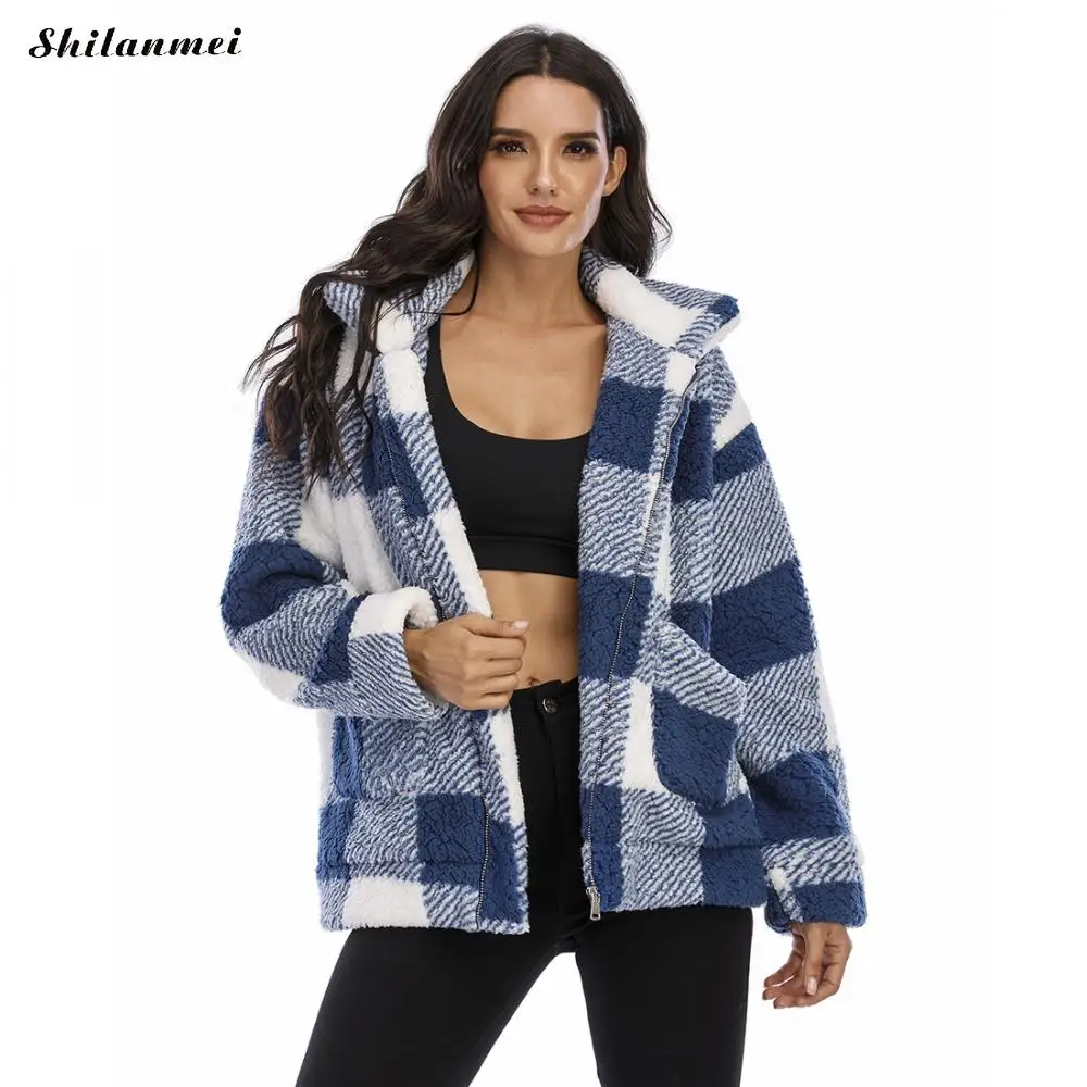 Women Teddy Coat 2022 Black Plaid Winter Warm Faux Fur Jacket Coat Zipper Plush Thick Casual Thick Outwear 3xl Overcoat