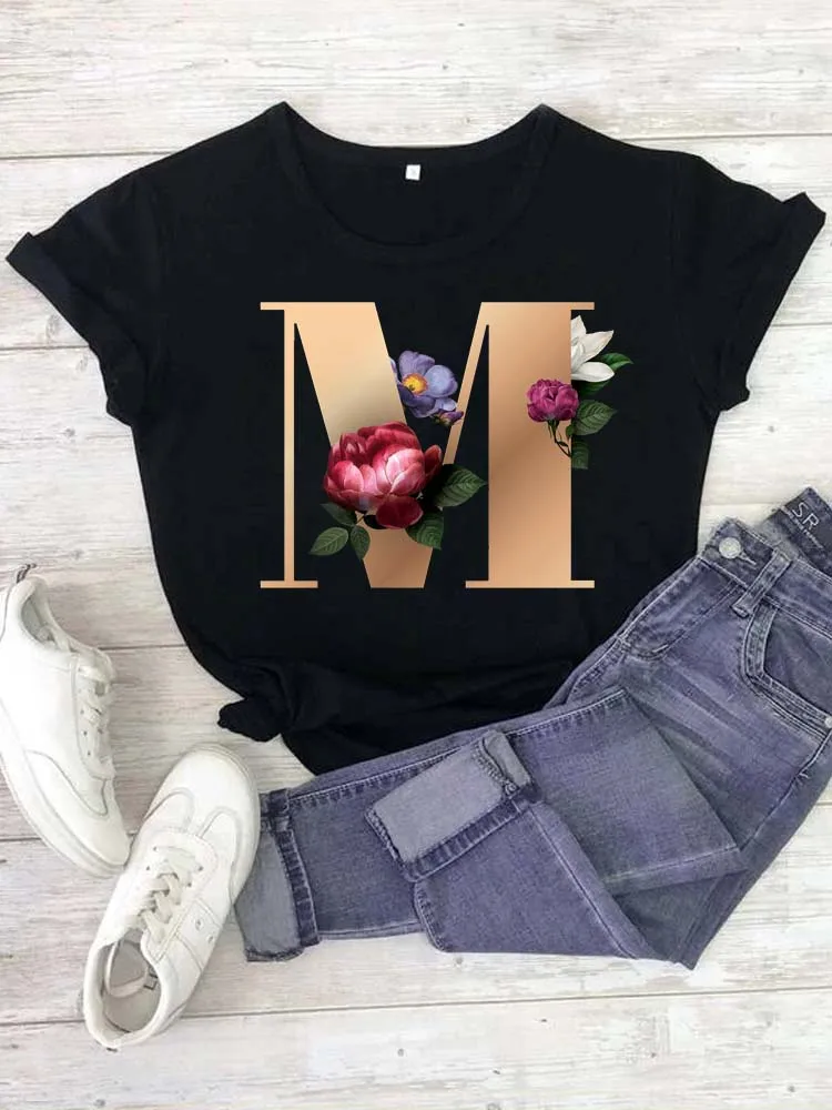 

Women's Custom Name Letter Combination Printing T-Shirt High Quality Floral Font A B C D E Short Sleeve Casual Tshirt