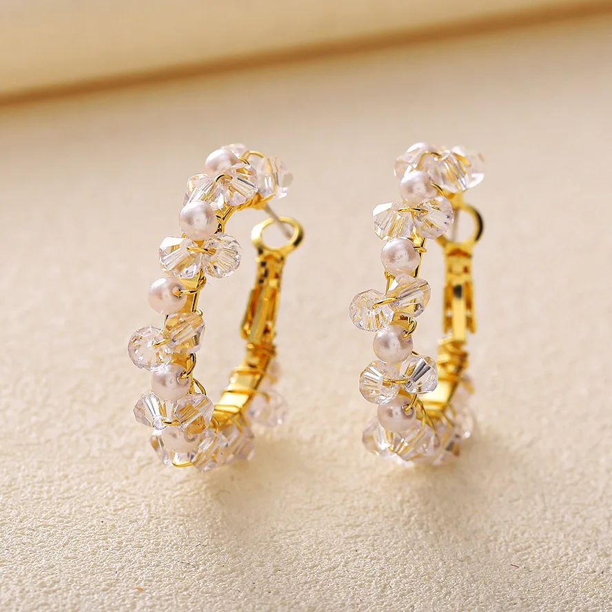 

Fashion New Winding Pearl Crystal Earrings Creative Simple Gold Color Alloy Round Circle Party Statement Earrings for Women
