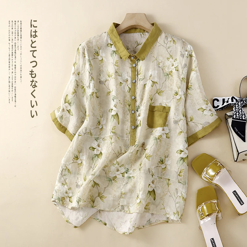 

Limiguyue Women Short Sleeve Ramie Blouse Floral Print Summer Vintage Literary Casual Tops Thin Turn Down Collar All Match U719