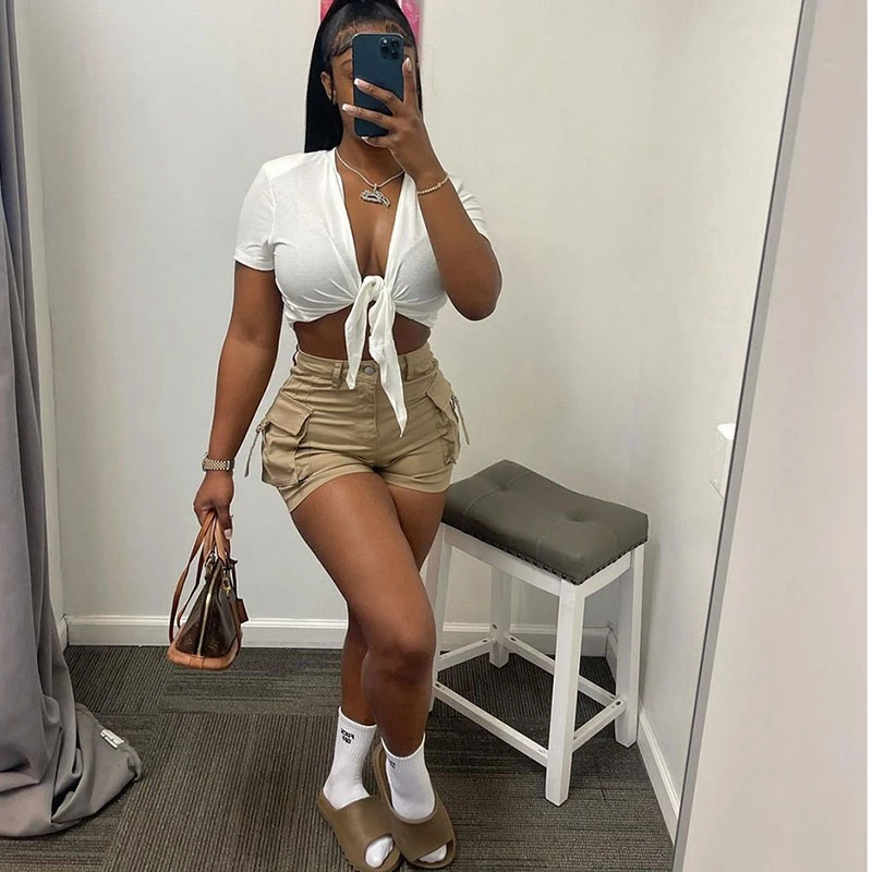 Women Fashion Solid Cargo Shorts Summer Casual High Waist Pocket Skinny Bottoms Sexy Nightclub Party Y2K Streetwear S-XXL