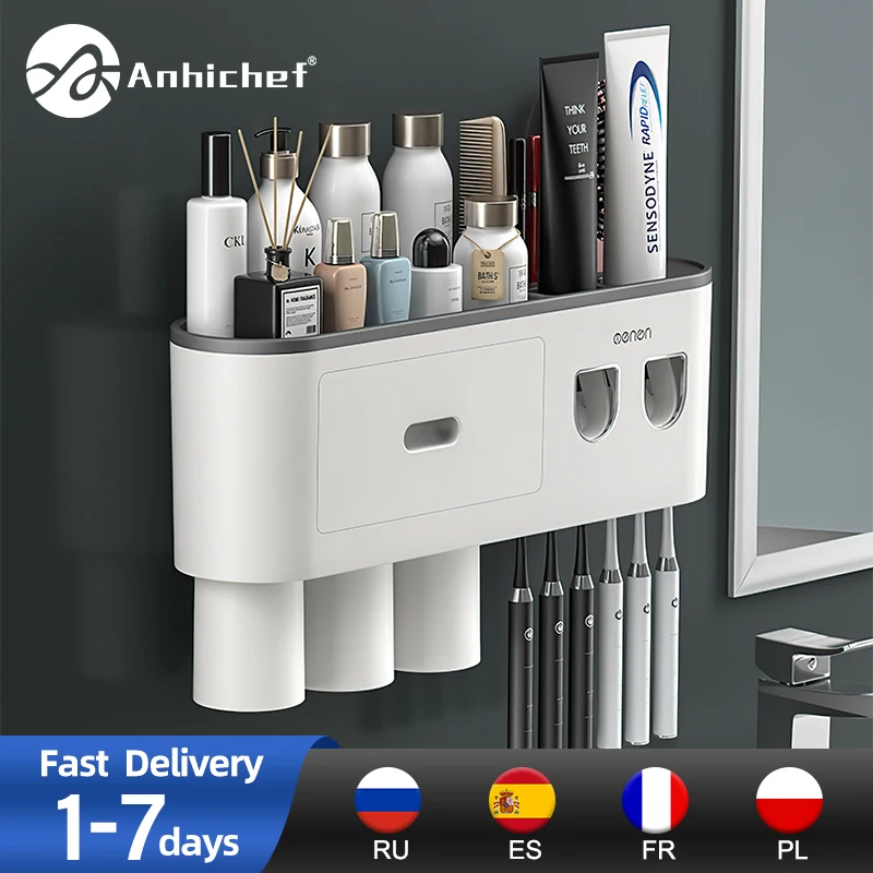 bathroom magnetic adsorption inverted toothbrush holder wall automatic toothpaste squeezer storage rack bathroom accessories free global shipping