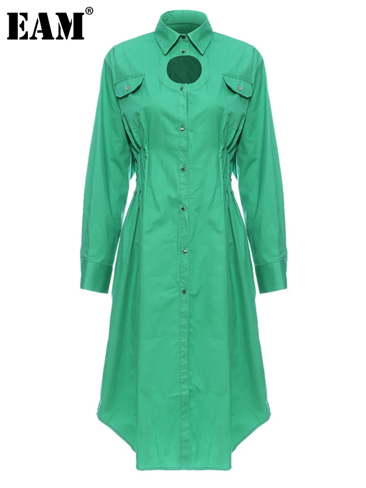

[EAM] Women Green Pleated Hollow Out Big Size Dress New Lapel Long Sleeve Loose Fit Fashion Tide Spring Autumn 2022 1N238