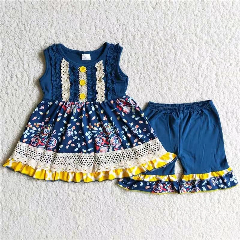 

hot sale summer children clothing set baby girl clothing set 2 pcs sleeveless tunic and shorts outfit kids clothes