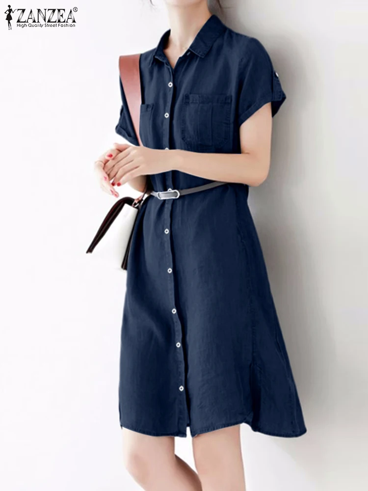 

Женское платье-рубашка для работы ZANZEA, элегантное джинсовое платье с отворотом и коротким рукавом до колен, повседневные однотонные платья, летнее офисное платье