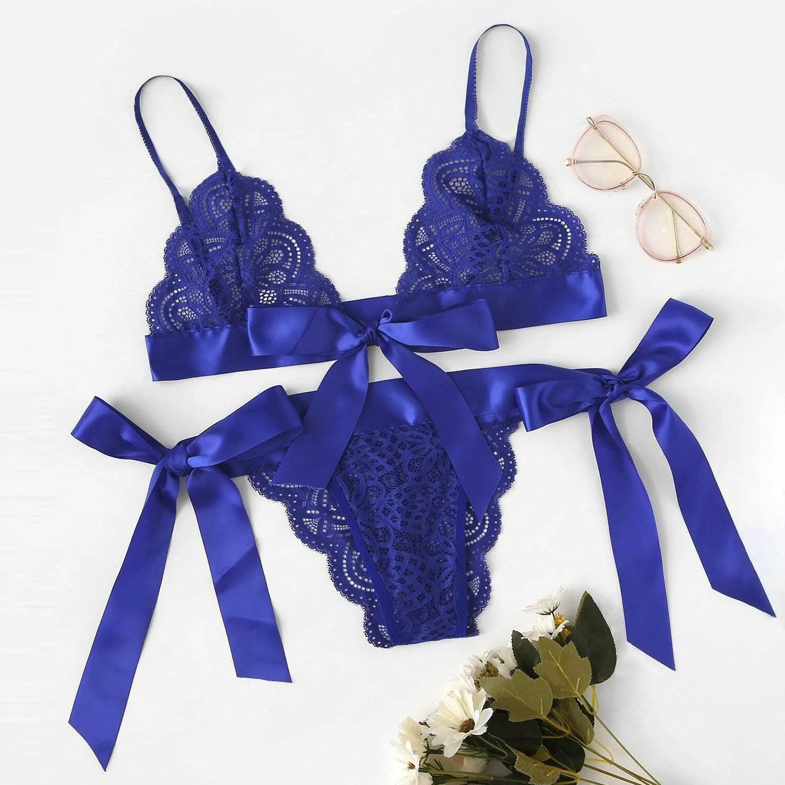 

Sensual Scalloped Lace Lingerie Set Women Bow Bra Transparent Bra Panty G-String Set Thin Strap Sleepwear Side Tie Underwear