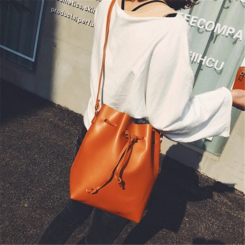 

Fashion Ladies Bucket PU Shoulder Bag Single Shoulder Large Capacity Messenger Broadband Female Solid Color Handbag