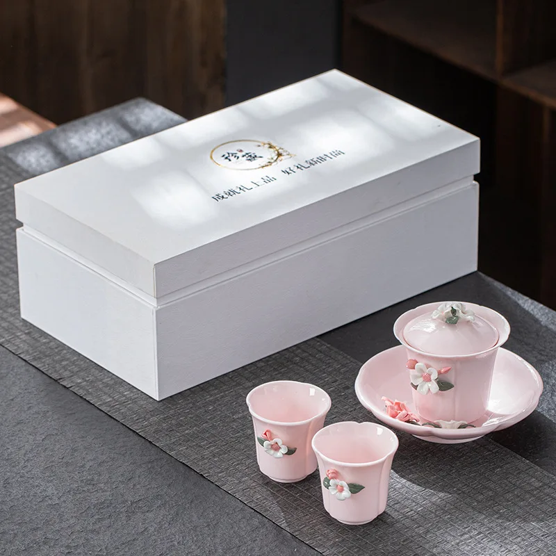 

Розовый керамический чайник Gaiwan, чайный набор, Женский чайный сервиз, чайный набор из китайской глины, ручная работа, цветочный разминающий чайник, чайная чашка
