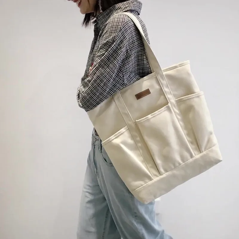 Women's Large Capacity Shoulder Bag Pockets Designer Canvas Handbag For Girls 2022 Fashion Solid Color Student Armpit Handle Bag