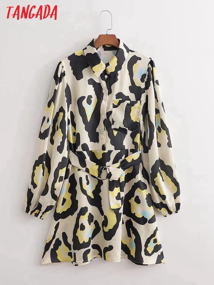 Tangada 2022 fashion women chic leopard print shirt dress with slash vintage long sleeve office ladies short dress 1D39