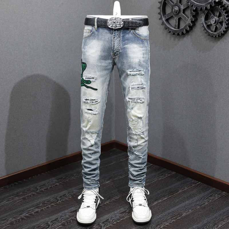 High Street Fashion Men Jeans Retro Washed Blue Elastic Stretch Skinny Ripped Jeans Men Snake Patch Designer Hip Hop Brand Pants