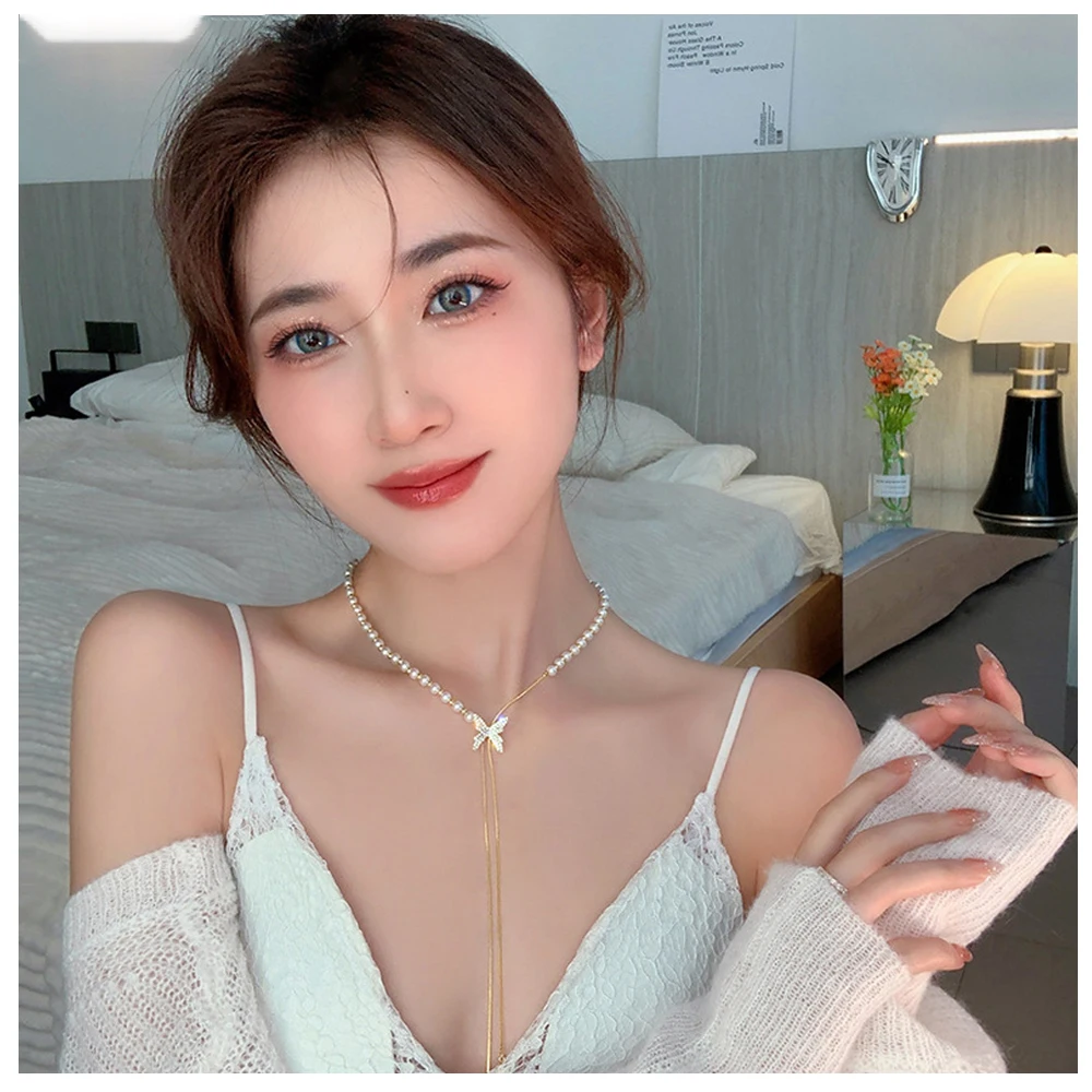 

Trend Long Butterfly Pearl Necklace for Women Adjust Tassel Pendant Clavicle Chain Choker Girls Fashion Jewelry Friends Gifts