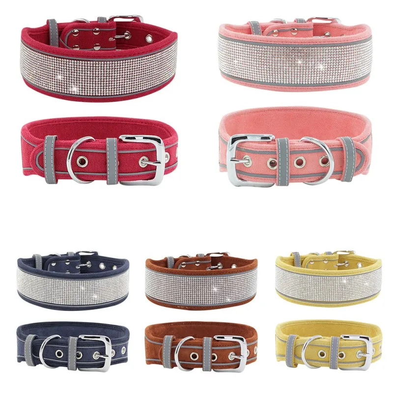 

2021 New Pet Reflective Collar Rhinestone Dog Collar Adjustable Fiber Anti-lost Medium And Large Dogs Supplies Pet Accessories