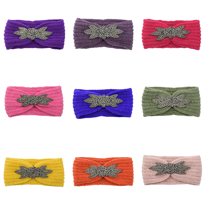 

Wide Knitted Headband Women Clear Crystal Flower Twist Crochet Hair Band Head Wrap Rhinestone Ear Warmer Accessories Christmas