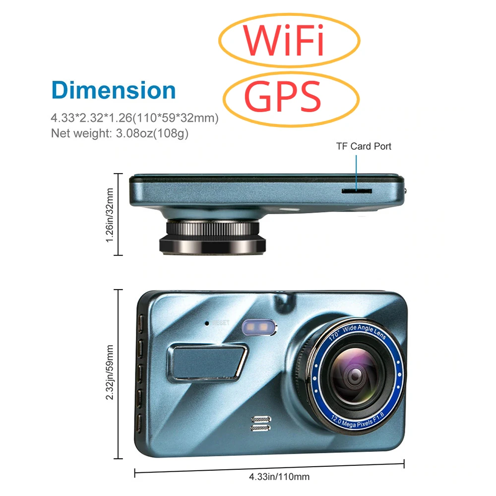 

Видеорегистратор с двойным объективом 1080p UHD, запись, автомобильная камера, видеорегистратор, встроенный GPS, Wi-Fi, G-датчик, обнаружение движения