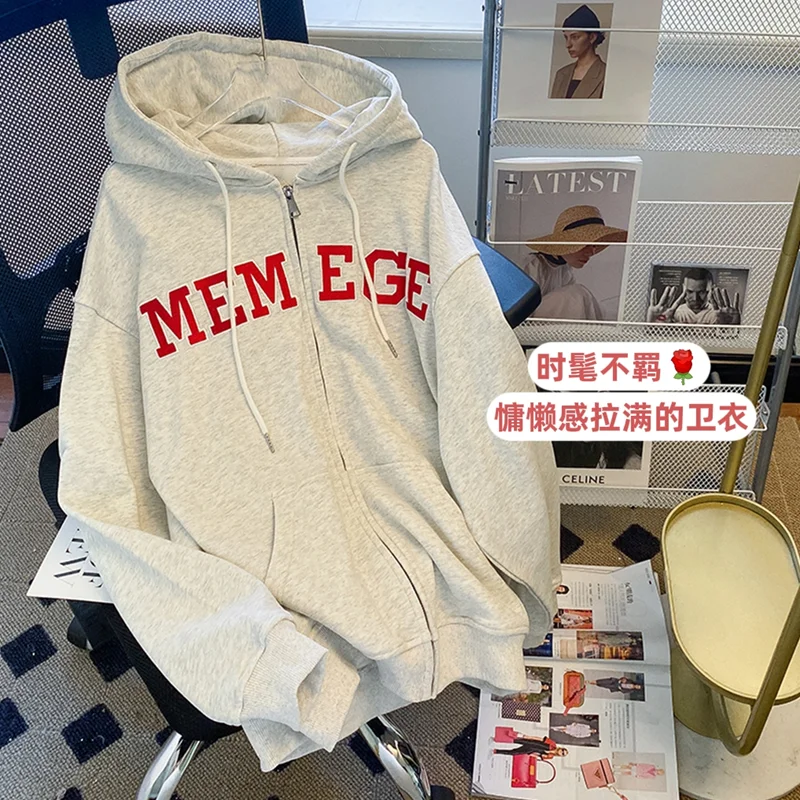 

Womens Grey Hoodie Vintage Street Sweatshirt Letter Printing Long Sleeves Casual Warm Oversize Loose Female Tops Autumn Basic