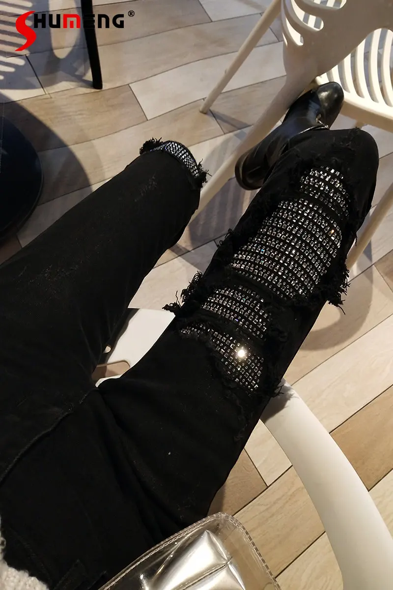 

Heavy Rhinestone High Waist Ripped Jeans Women Fashion Elastic Slim Fit Black Skinny Denim Pants Female Boot Pants Streetwear