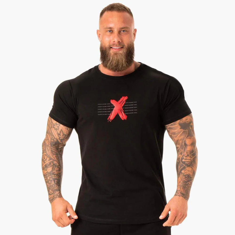 

Черная Спортивная футболка для бодибилдинга, мужская хлопковая Повседневная рубашка с коротким рукавом, мужские облегающие футболки для т...