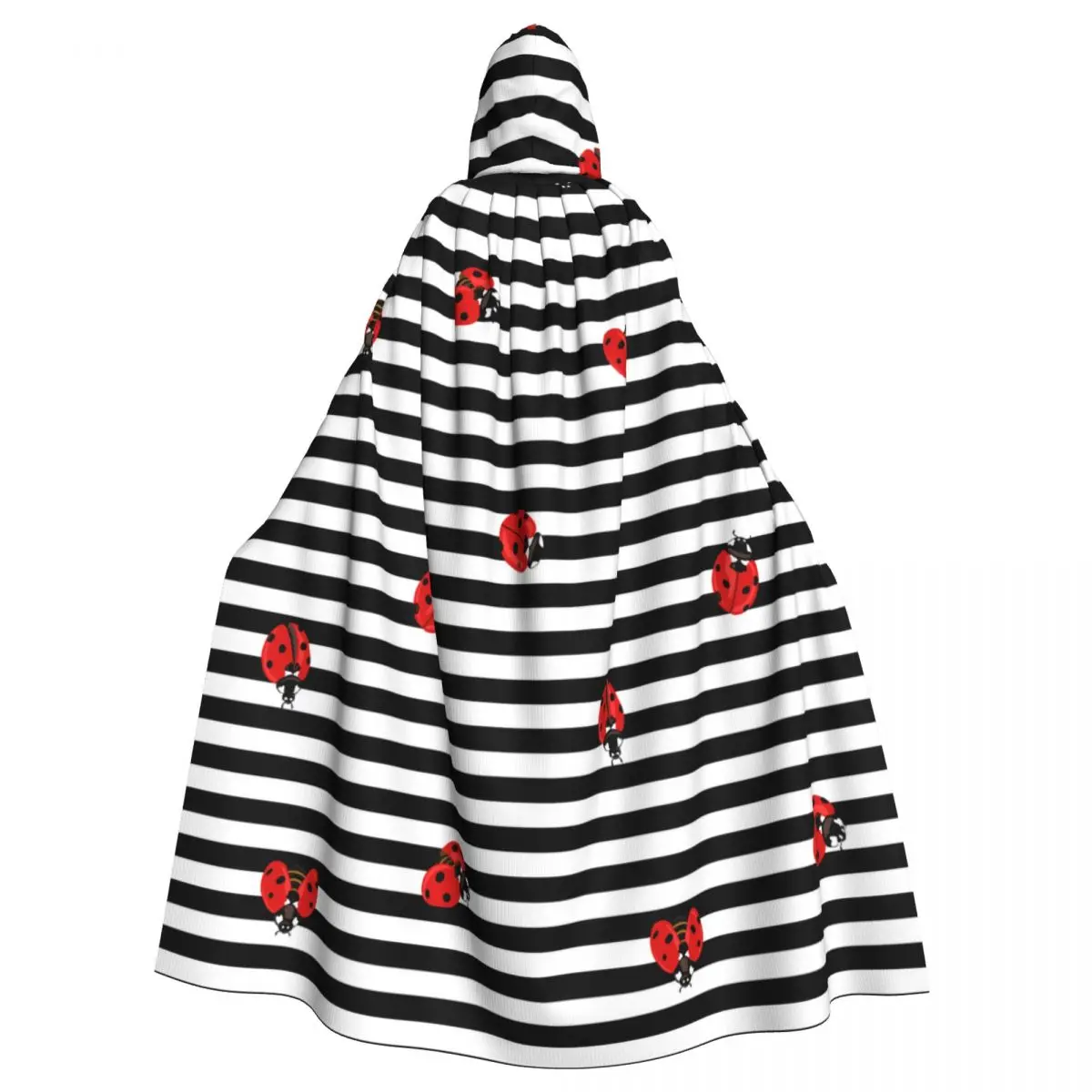 

Adult Cloak Cape Hooded Red Ladybugs On Stripes Medieval Costume Witch Wicca Vampire Elf Purim Carnival Party